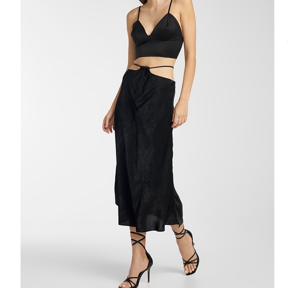 Lush black hammered weave tie cord midi skirt NWT